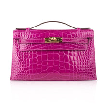 Load image into Gallery viewer, Kelly Pochette Clutch Bag Rose Scheherazade Pink Alligator Gold Hardware