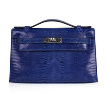 Load image into Gallery viewer, Kelly Pochette Bag Blue Sapphire Lizard Clutch Palladium Hardware