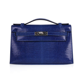 Kelly Pochette Bag Blue Sapphire Lizard Clutch Palladium Hardware