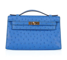Load image into Gallery viewer, Kelly Pochette Bag Bleuet Ostrich Clutch Gold Hardware