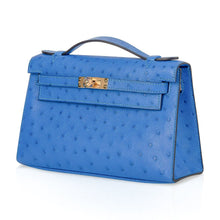 Load image into Gallery viewer, Kelly Pochette Bag Bleuet Ostrich Clutch Gold Hardware