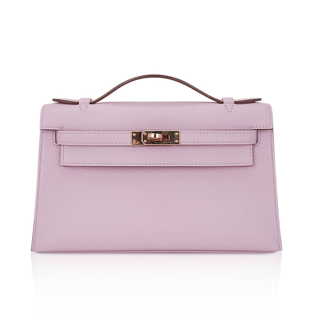 Kelly Pochette Clutch Bag Mauve Sylvestre Swift Leather with Rose Gold Hardware