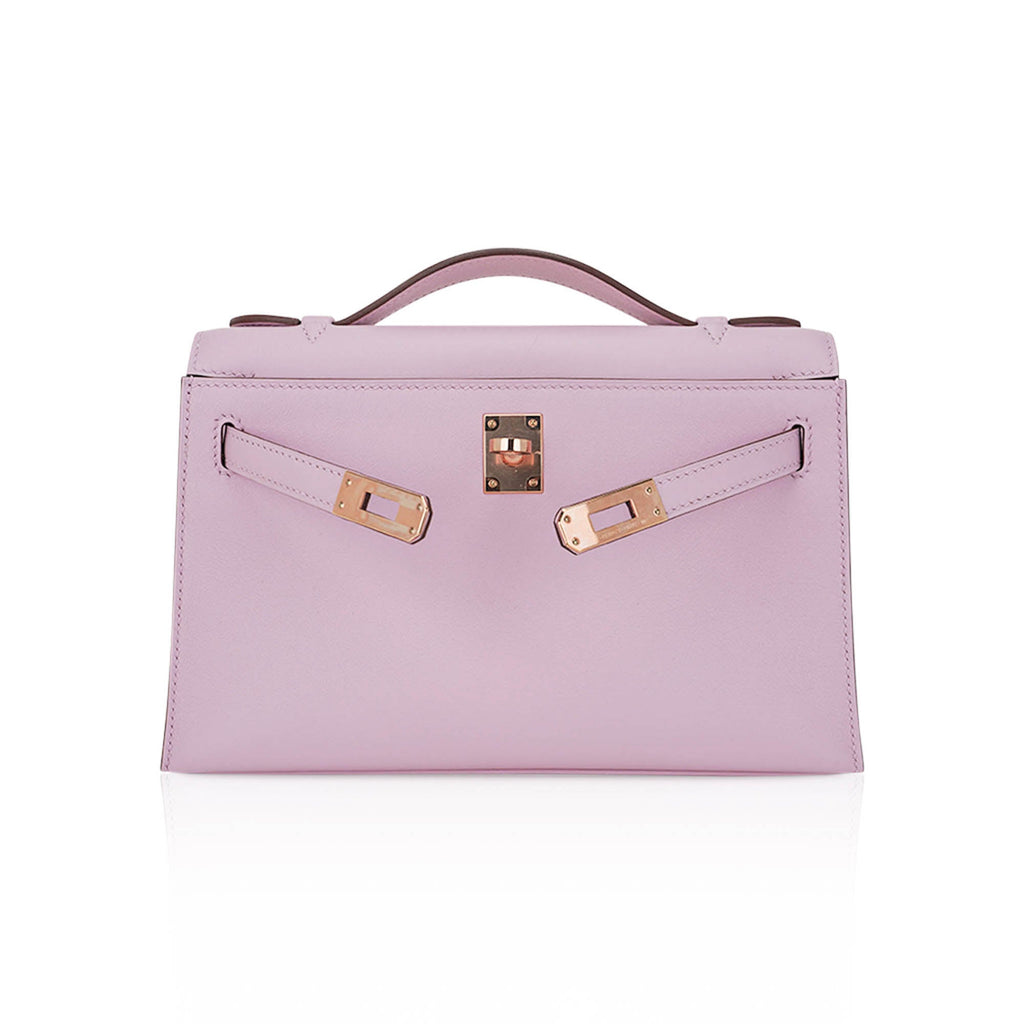 Kelly Pochette Clutch Bag Mauve Sylvestre Swift Leather with Rose Gold Hardware