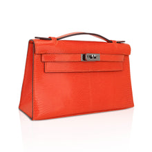 Load image into Gallery viewer, Kelly Pochette Clutch Bag Tangerine Lizard with Ruthinium Hardware