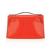 Load image into Gallery viewer, Kelly Pochette Clutch Bag Tangerine Lizard with Ruthinium Hardware
