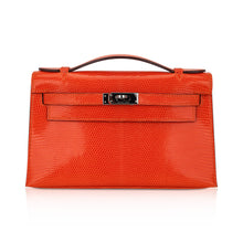 Load image into Gallery viewer, Kelly Pochette Clutch Bag Tangerine Lizard with Ruthinium Hardware