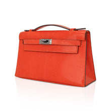 Load image into Gallery viewer, Kelly Pochette Clutch Bag Tangerine Lizard with Ruthinium Hardware