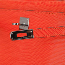 Load image into Gallery viewer, Kelly Pochette Clutch Bag Tangerine Lizard with Ruthinium Hardware