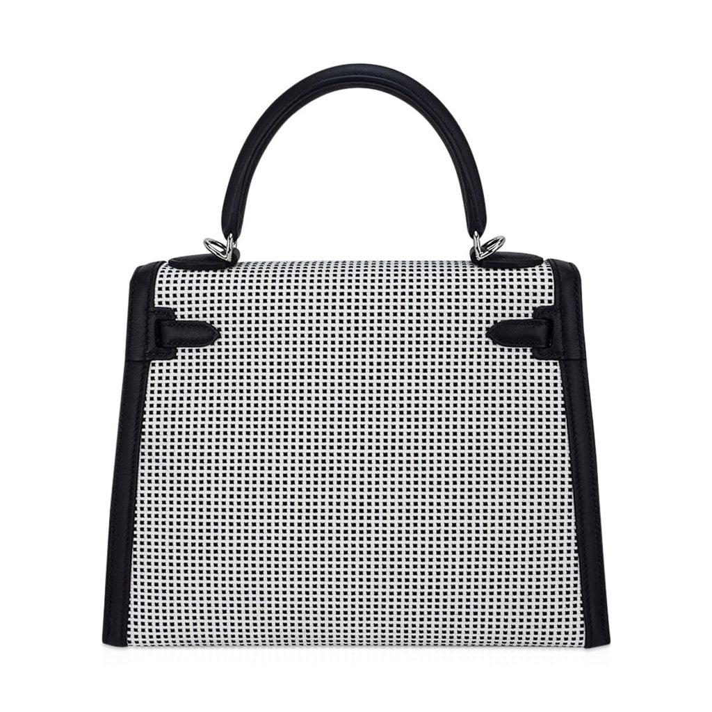 Kelly 25 Sellier Bag Quadrille Black & White Viking Toile Swift Leather with Palladium Hardware