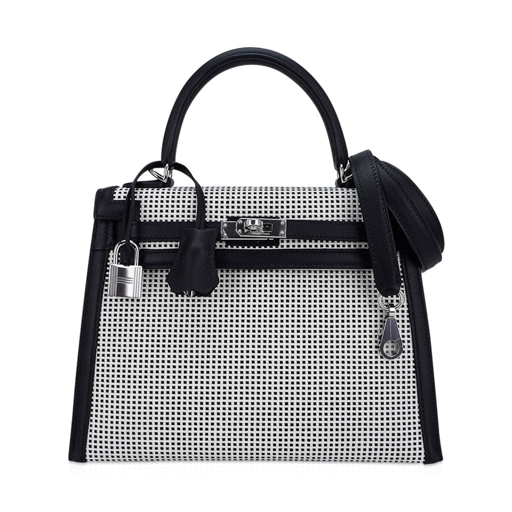 Kelly 25 Sellier Bag Quadrille Black & White Viking Toile Swift Leather with Palladium Hardware