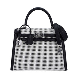 Kelly 25 Sellier Bag Quadrille Black & White Viking Toile Swift Leather with Palladium Hardware