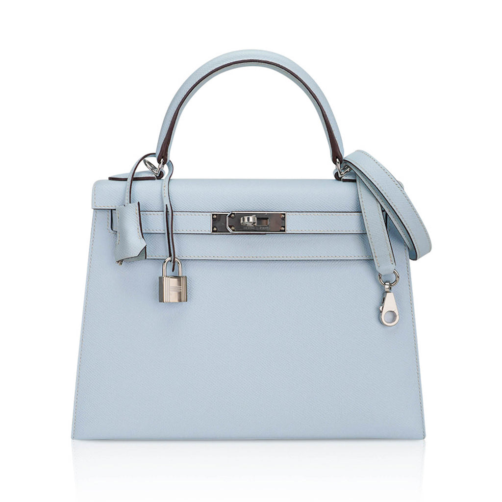 Kelly Sellier 28 Bag Blue Brume Epsom Leather with Palladium Hardware