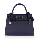Kelly 28 Bag Blue Indigo Sellier Epsom Palladium Hardware New/Box