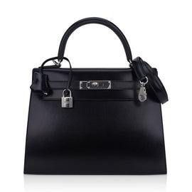 Kelly 28 Sellier Bag Black Box Leather with Palladium Hardware