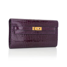 Load image into Gallery viewer, Kelly Classique To Go Wallet Cassis Alligator with Gold Hardware