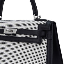 Load image into Gallery viewer, Kelly 25 Sellier Bag Quadrille Black &amp; White Viking Toile Swift Leather with Palladium Hardware