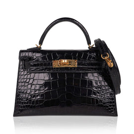 Kelly 20 Mini Sellier Bag Black Alligator Gold Hardware