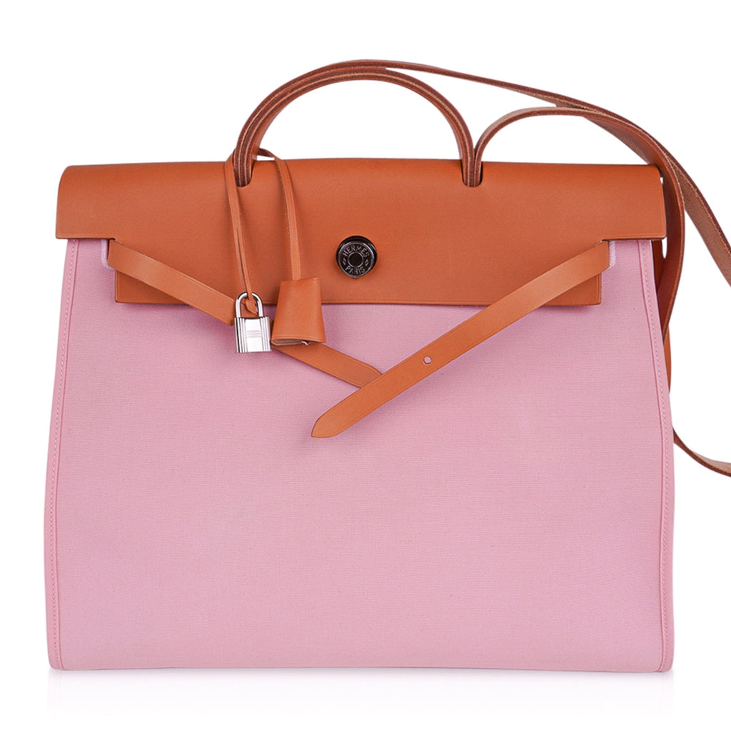 Herbag Zip 39 GM Bag Rose Sakura Canvas Vache Hunter Leather with Palladium Hardware