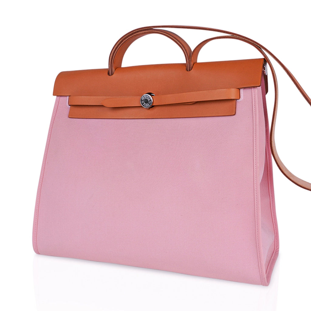 Herbag Zip 39 GM Bag Rose Sakura Canvas Vache Hunter Leather with Palladium Hardware