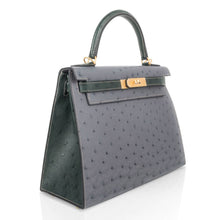 Load image into Gallery viewer, Kelly Sellier 28 HSS Bag Gris Agate / Vert Titien Ostrich Gold Hardware