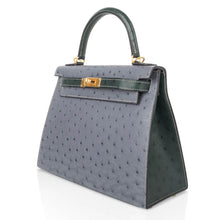 Load image into Gallery viewer, Kelly Sellier 28 HSS Bag Gris Agate / Vert Titien Ostrich Gold Hardware