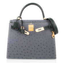 Load image into Gallery viewer, Kelly Sellier 28 HSS Bag Gris Agate / Vert Titien Ostrich Gold Hardware