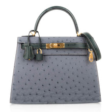 Load image into Gallery viewer, Kelly Sellier 28 HSS Bag Gris Agate / Vert Titien Ostrich Gold Hardware