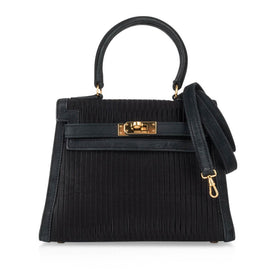 Kelly 20 Mini Vintage Bag Black Pleated Silk Suede Trim Gold Hardware