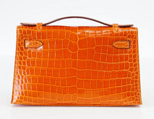 Load image into Gallery viewer, Kelly Pochette Clutch Bag Orange Feu Rare in Porosus Crocodile