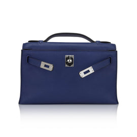 Kelly Pochette Clutch Bag Blue Sapphire Swift Leather with Palladium Hardware