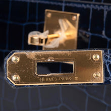 Load image into Gallery viewer, Kelly Cut Blue Sapphire Crocodile Clutch Bag Gold Hardware