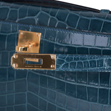 Load image into Gallery viewer, Kelly Cut Bag Blue Colvert Crocodile with Gold Hardware