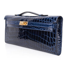 Load image into Gallery viewer, Kelly Cut Blue Sapphire Crocodile Clutch Bag Gold Hardware