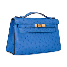Load image into Gallery viewer, Kelly Pochette Bag Bleuet Ostrich Clutch Gold Hardware