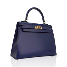 Load image into Gallery viewer, Kelly Sellier 25 Bag Blue Sapphire Box Leather with Gold Hardware