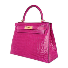 Load image into Gallery viewer, Kelly 28 Sellier Bag Rose Scheherazade Crocodile Gold Hardware