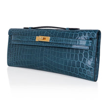 Load image into Gallery viewer, Kelly Cut Bag Blue Colvert Crocodile with Gold Hardware