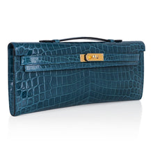 Load image into Gallery viewer, Kelly Cut Bag Blue Colvert Crocodile with Gold Hardware