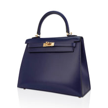 Load image into Gallery viewer, Kelly Sellier 25 Bag Blue Sapphire Box Leather with Gold Hardware