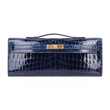 Load image into Gallery viewer, Kelly Cut Blue Sapphire Crocodile Clutch Bag Gold Hardware