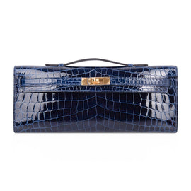 Kelly Cut Blue Sapphire Crocodile Clutch Bag Gold Hardware