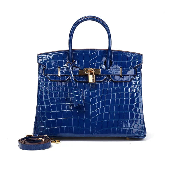 Blue Croc Embossement Leather Handbags Metal Lock Satchel Bag